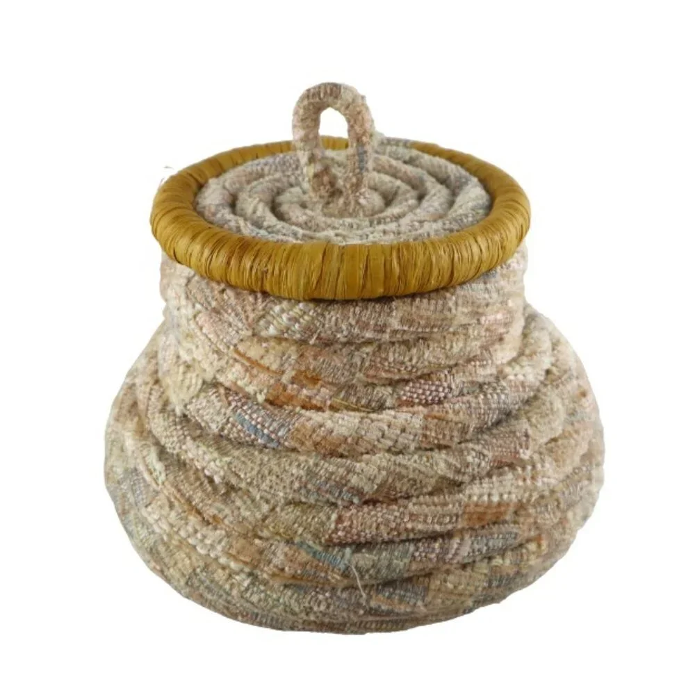 Natural Neutral Boho Southwestern Fabric Raffia Coiled Storage Trinket Basket